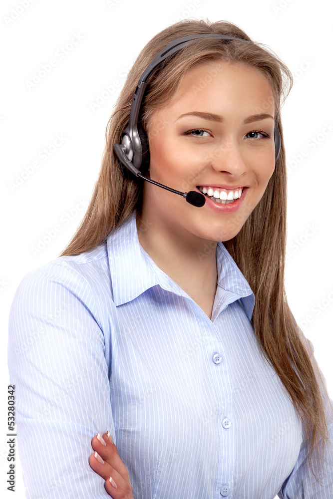 Support phone operator in headset isolated Support phone operator in headset isolated