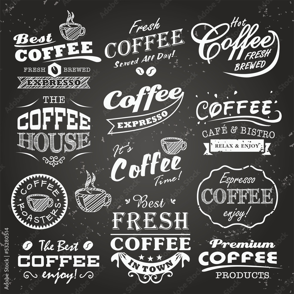 Collection of coffee shop sketches, labels and typography design