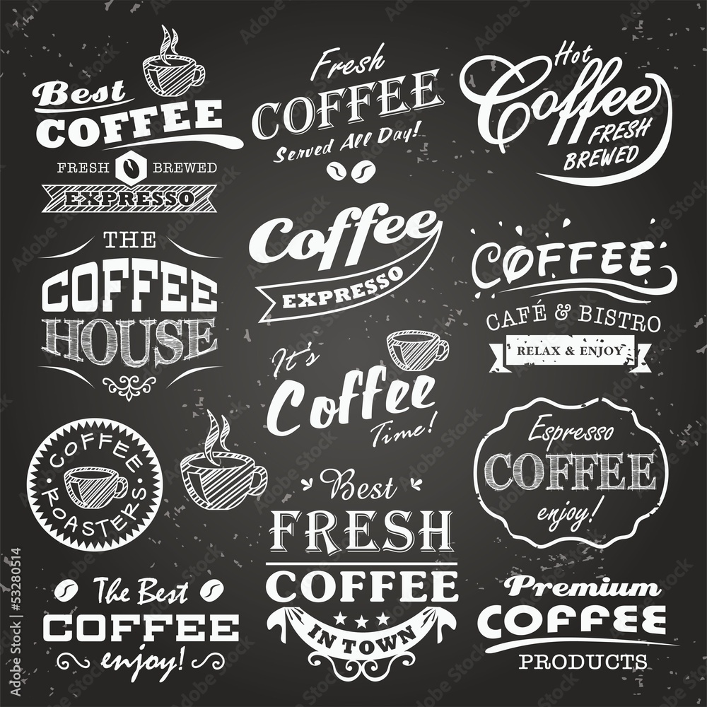 Collection of coffee shop sketches, labels and typography design Collection of coffee shop sketches, labels and typography design