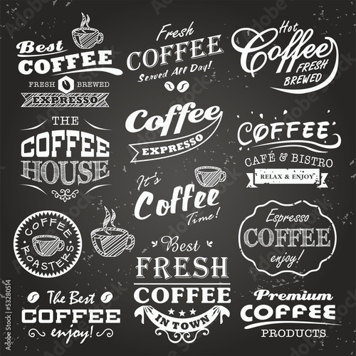 Collection of coffee shop sketches, labels and typography design