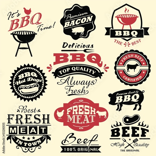 Collection of vintage retro BBQ badges and labels