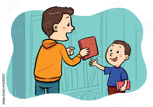 Borrowing A Book. A boy borrowing a book in the public library.