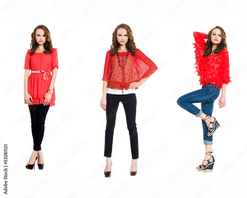 Fototapeta premium young three woman in red clothing posing