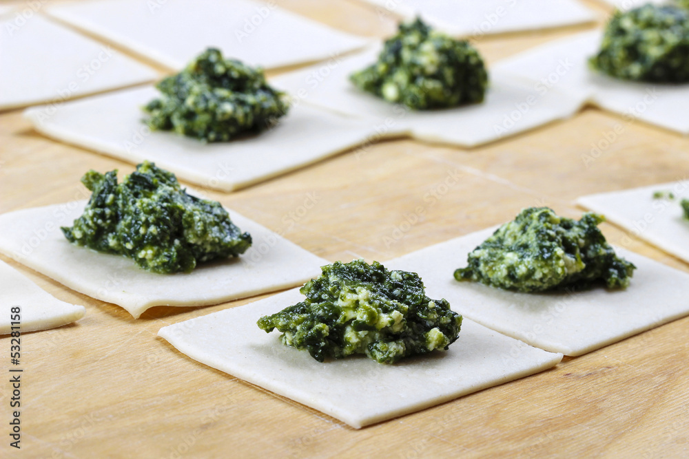 Steps of making dumplings filled with broccoli and spinach Steps of making dumplings filled with broccoli and spinach
