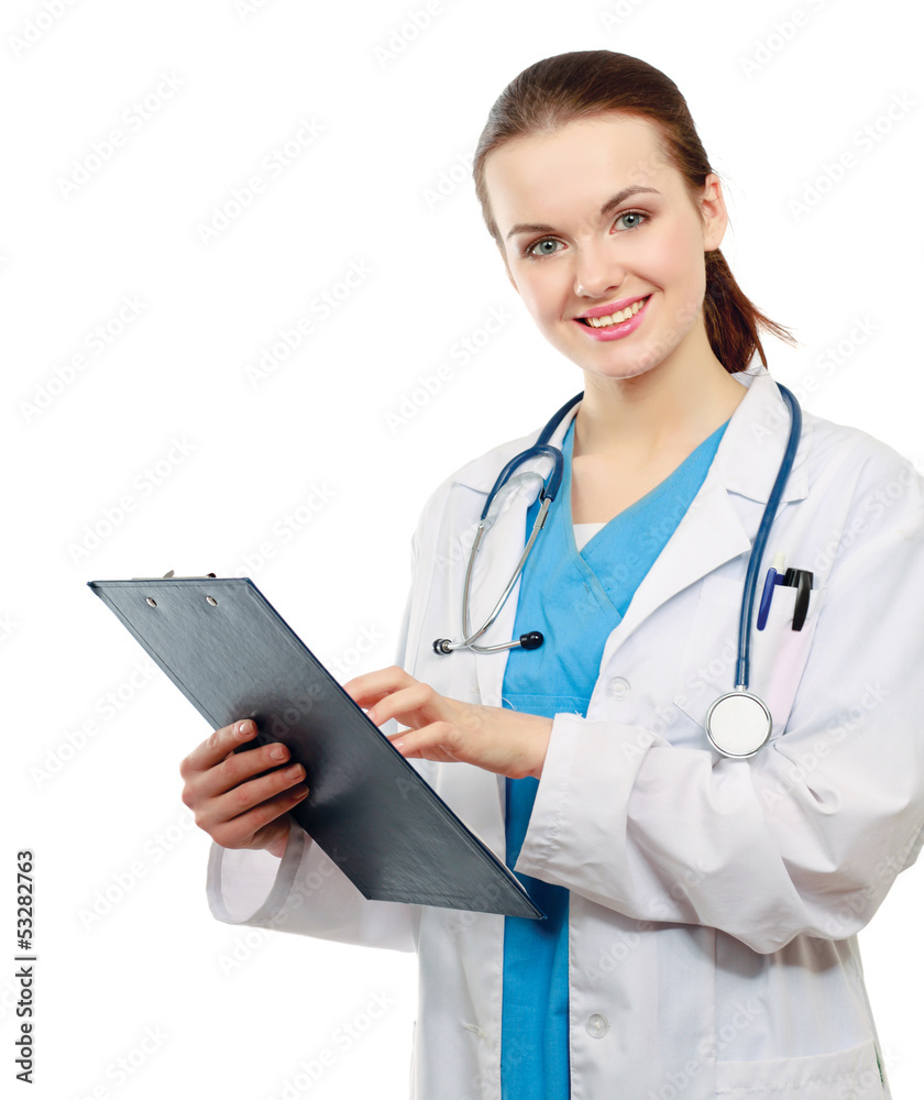 A female doctor with a folder, standing A female doctor with a folder, standing