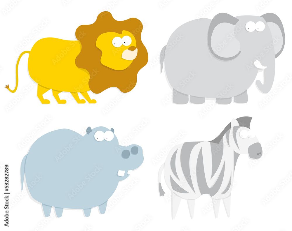 Fototapeta premium Wild animals: lion, hippo, zebra and elephant