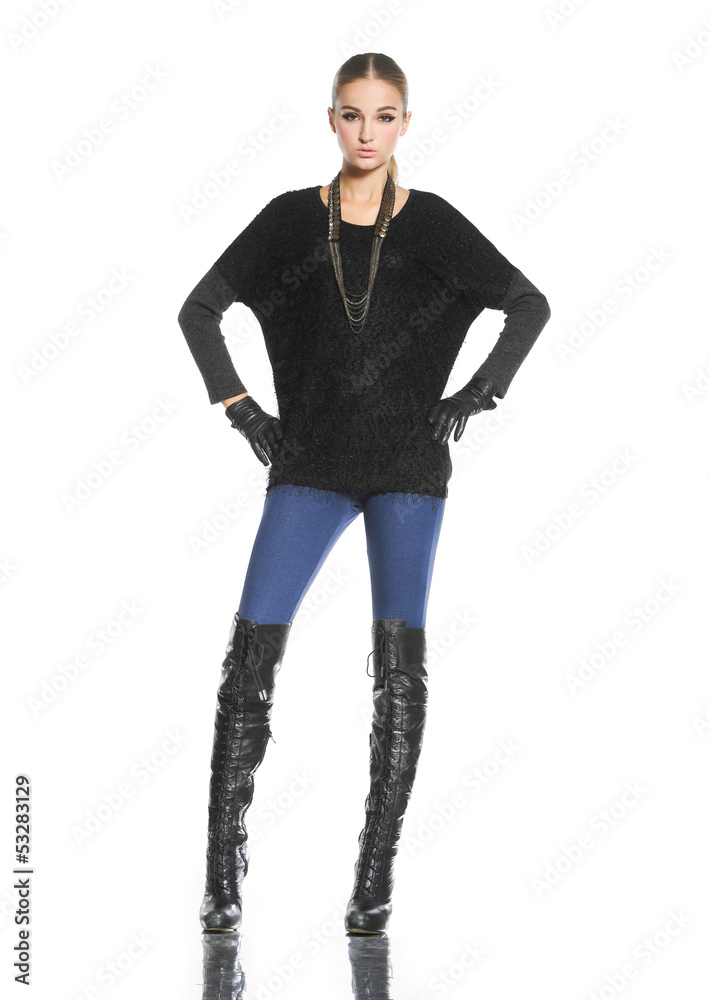 beautiful young female in gloves standing posing beautiful young female in gloves standing posing