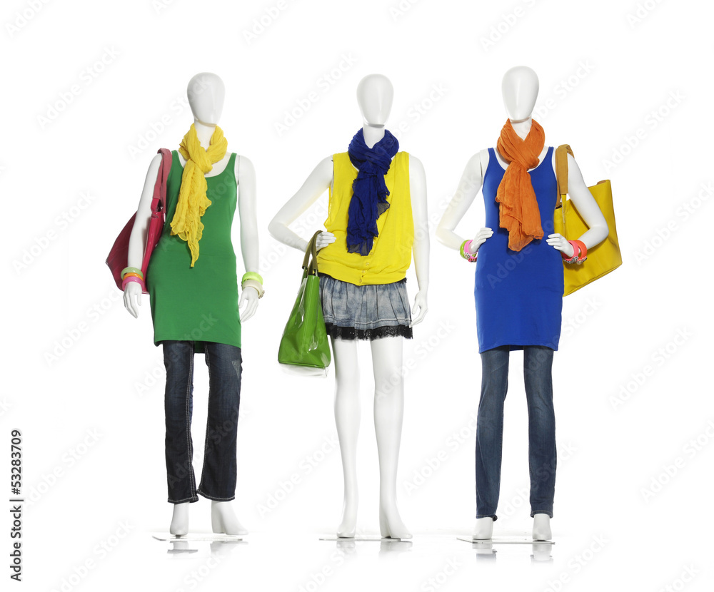 Fototapeta premium female colorful dress with bag ,scarf on three mannequin