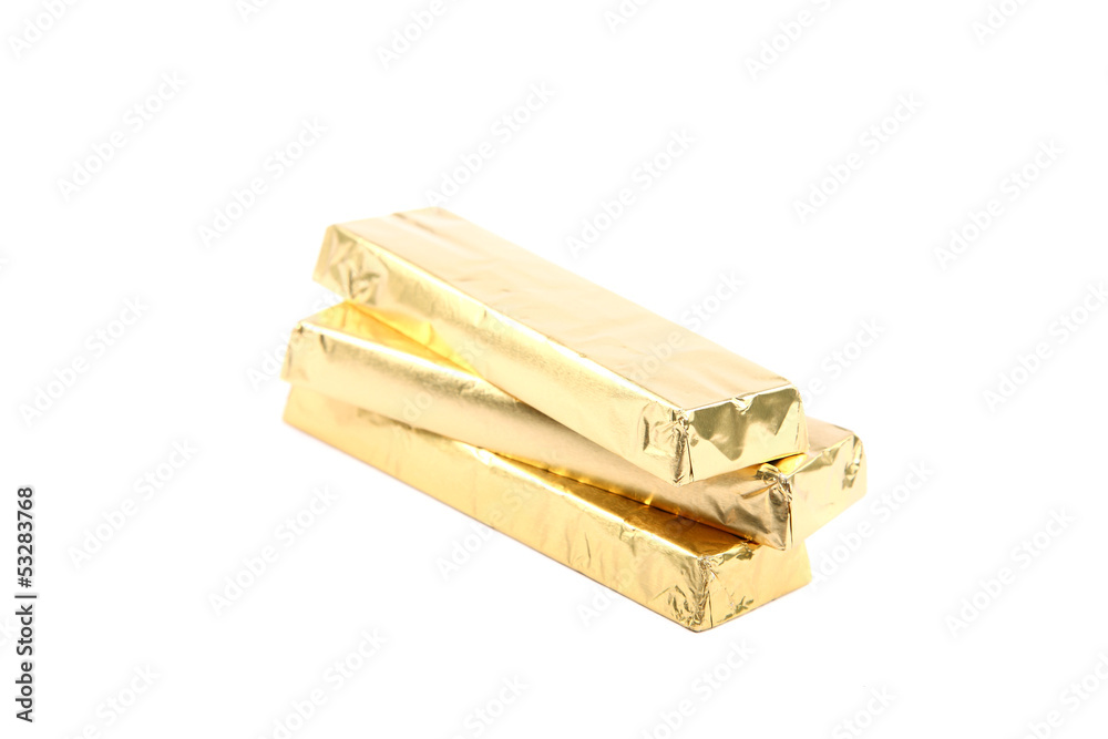 Chocolate bar in foil isolated on white background Chocolate bar in foil isolated on white background