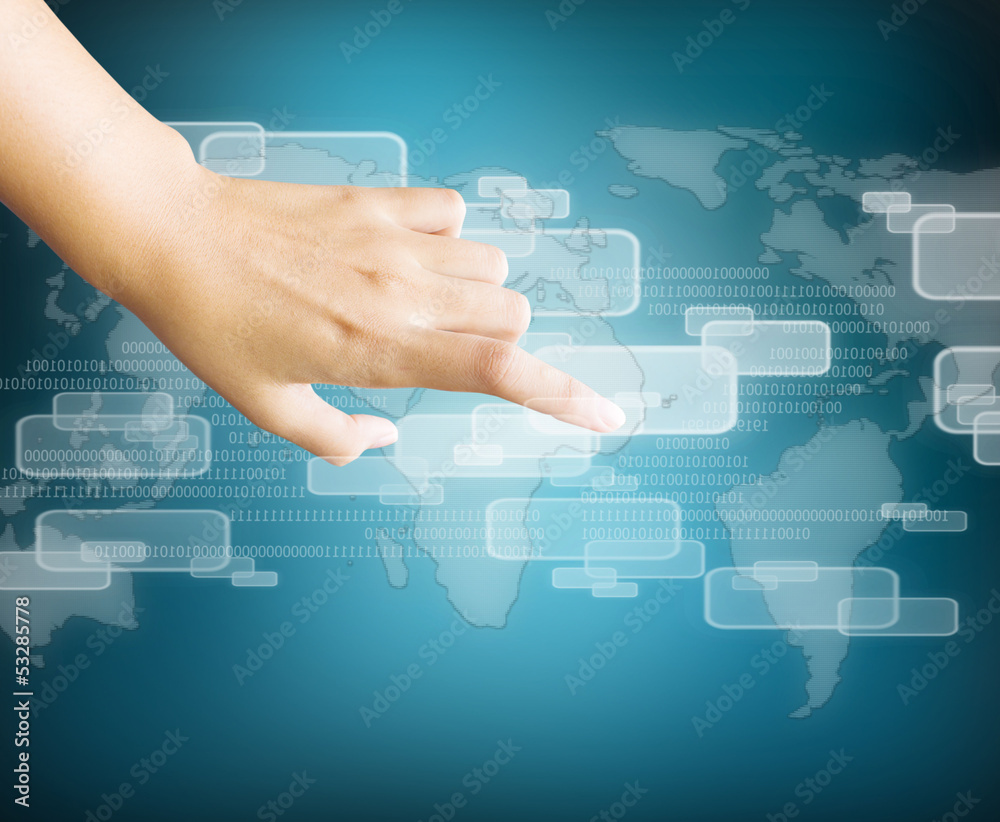 hand touching virtual screen hand touching virtual screen