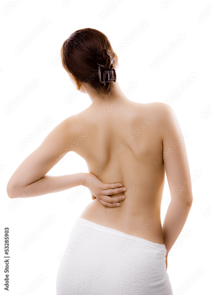 Naklejka premium Woman massaging pain back isolated on white background