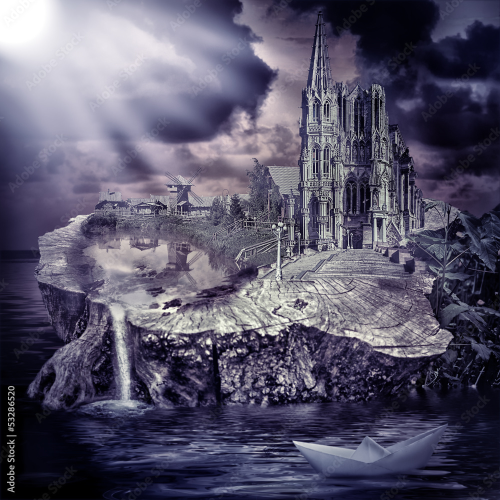 Fairy tale. fantasy castle and village - obrazy, fototapety, plakaty 