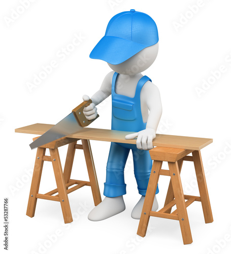 Fototapeta Naklejka Na Ścianę i Meble -  3D white people. Carpenter cutting wood with a handsaw