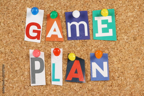 Slika na platnu The words Game Plan on a cork notice board