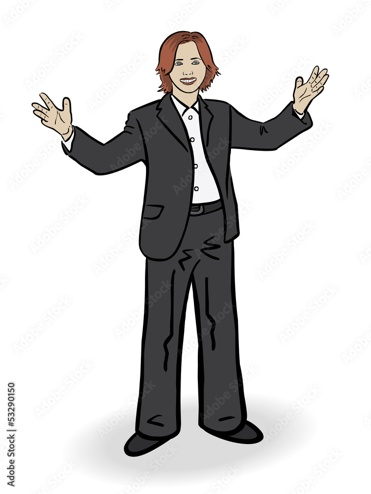 Obraz premium Junge Frau Ira im schwarzen Anzug hält eine charismatische Rede