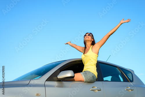 Female driver bliss on car