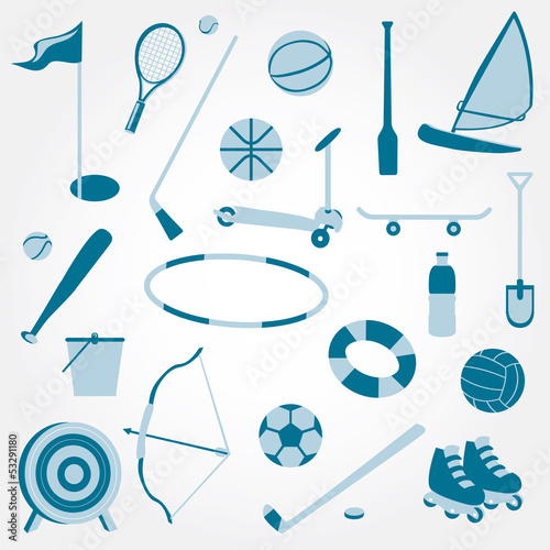 Icons beach toys sports set.