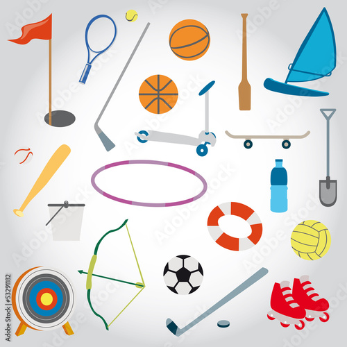 Icons beach toys sports set.