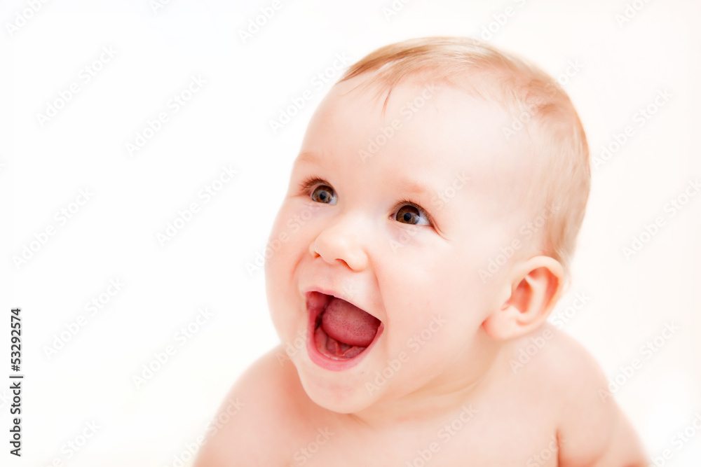 Cute happy baby laughing on white Cute happy baby laughing on white