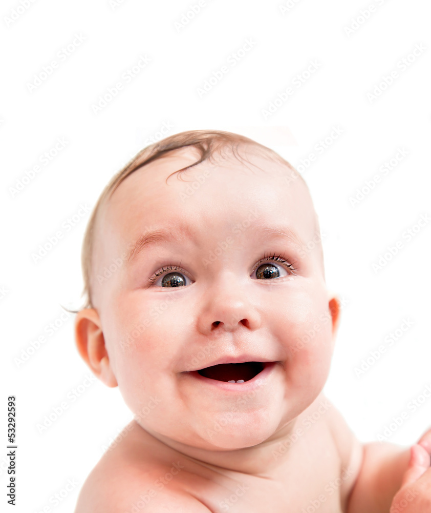 Cute happy baby laughing on white