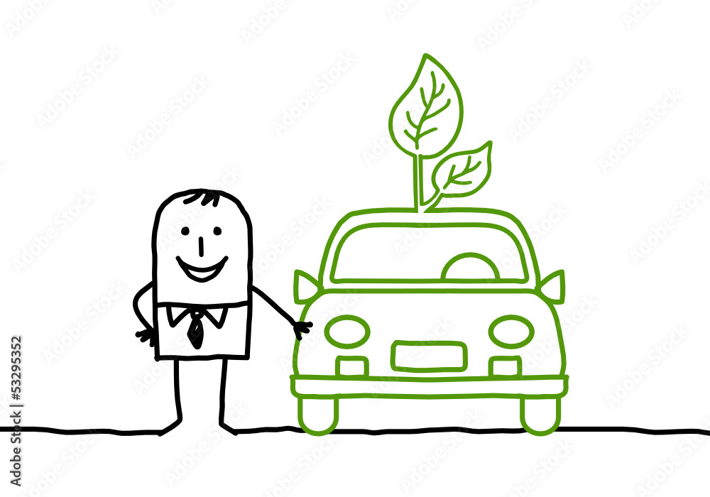 man & green car