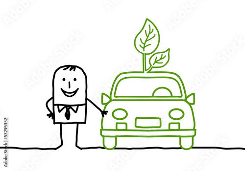 man & green car