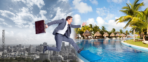 Businessman jumping on the water.