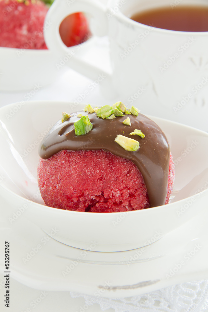 Strawberry sorbet with chocolate and pistachios. Strawberry sorbet with chocolate and pistachios.