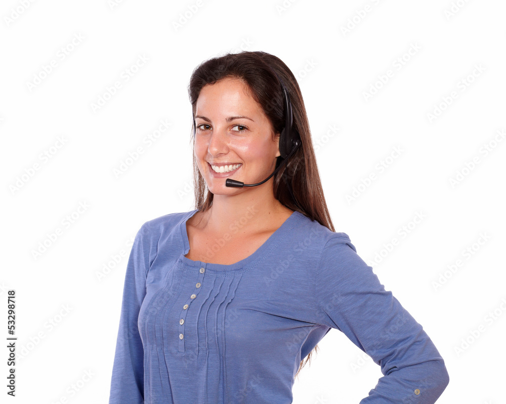 Hispanic woman using headphones with microphone Hispanic woman using headphones with microphone