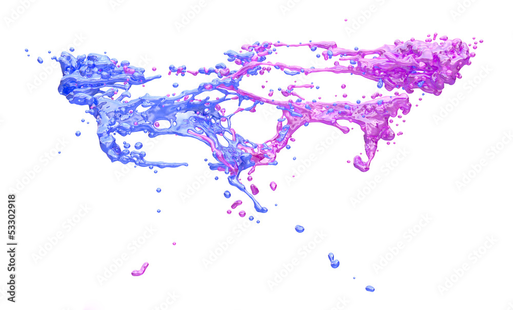 Naklejka premium blue and pink color splashes collide, isolated on white