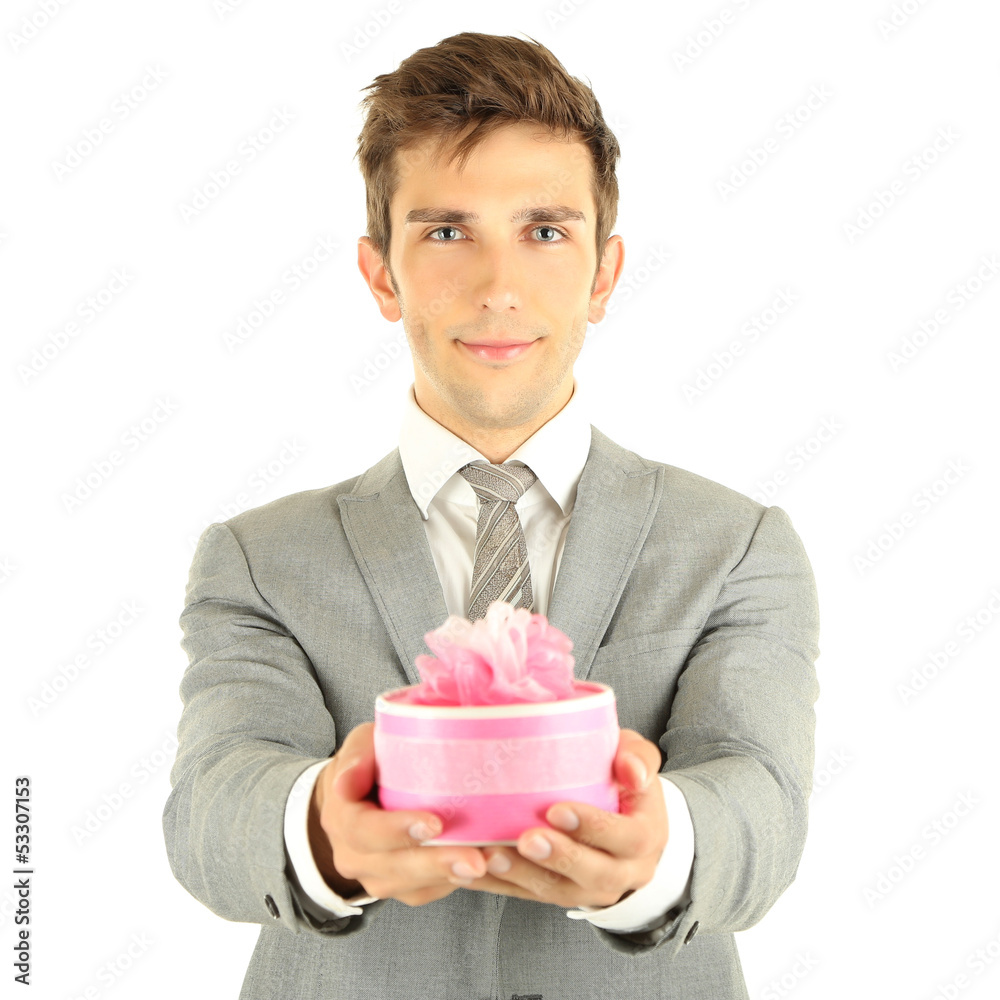 Young businessman present gift box, isolated on white Young businessman present gift box, isolated on white