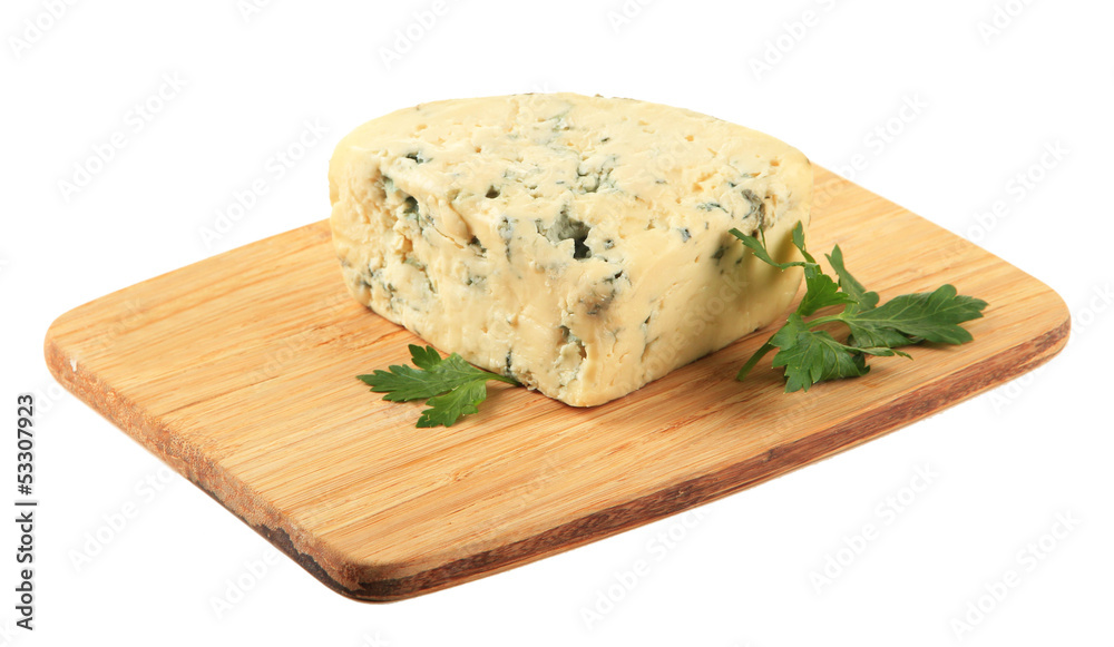 Tasty blue cheese on cutting board, isolated on white Tasty blue cheese on cutting board, isolated on white