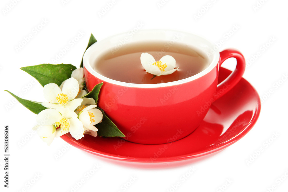 Cup of tea with jasmine, isolated on white Cup of tea with jasmine, isolated on white