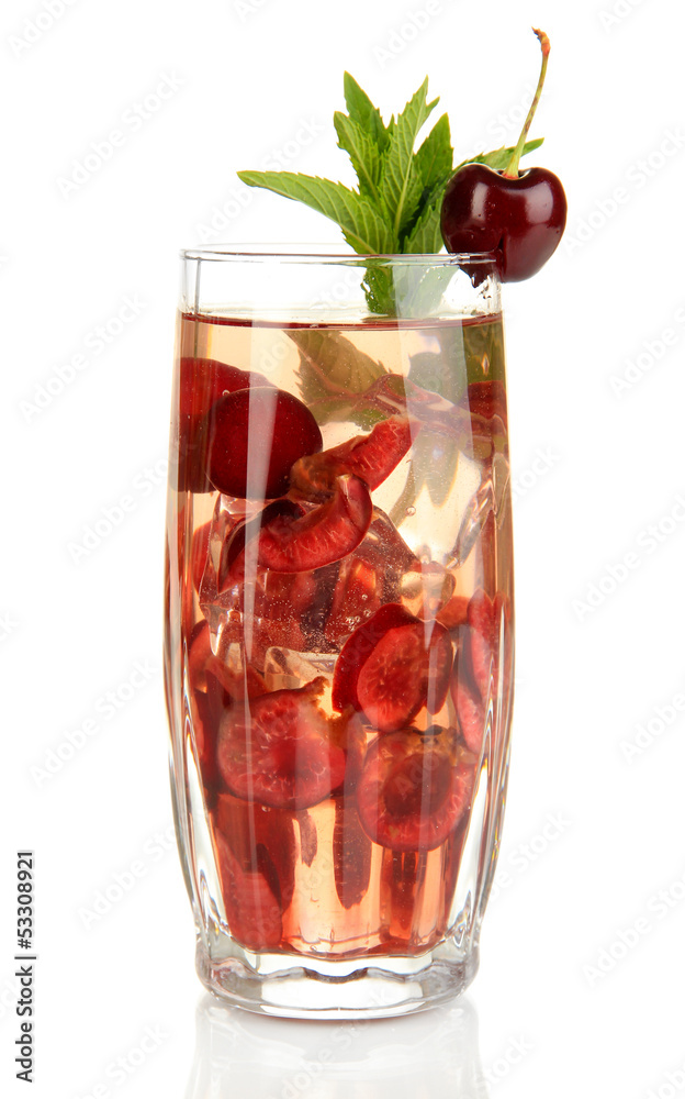 Glass of fruit drink with ice cubes isolated on white Glass of fruit drink with ice cubes isolated on white