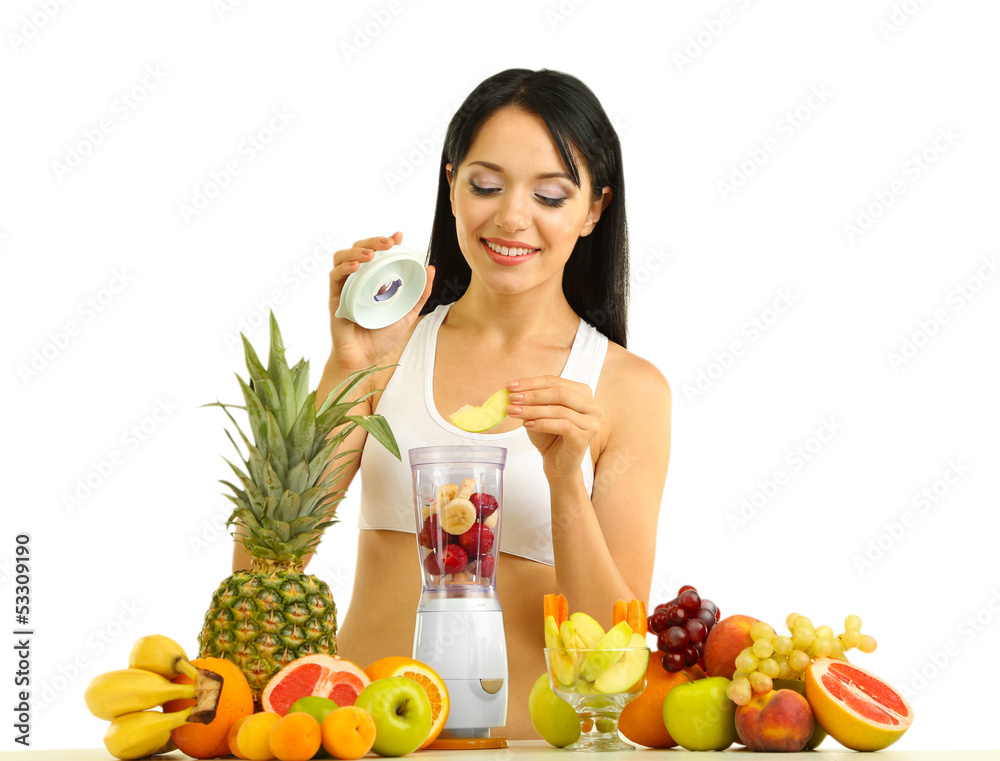 Girl with fresh fruits isolated on white Girl with fresh fruits isolated on white