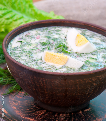 Cold vegetable kefir soup with eggs and greens
