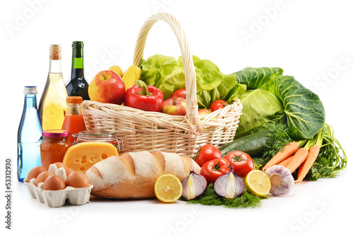 Composition with assorted grocery products isolated on white