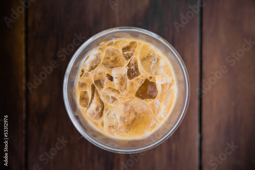 Ice coffee topview on wood background