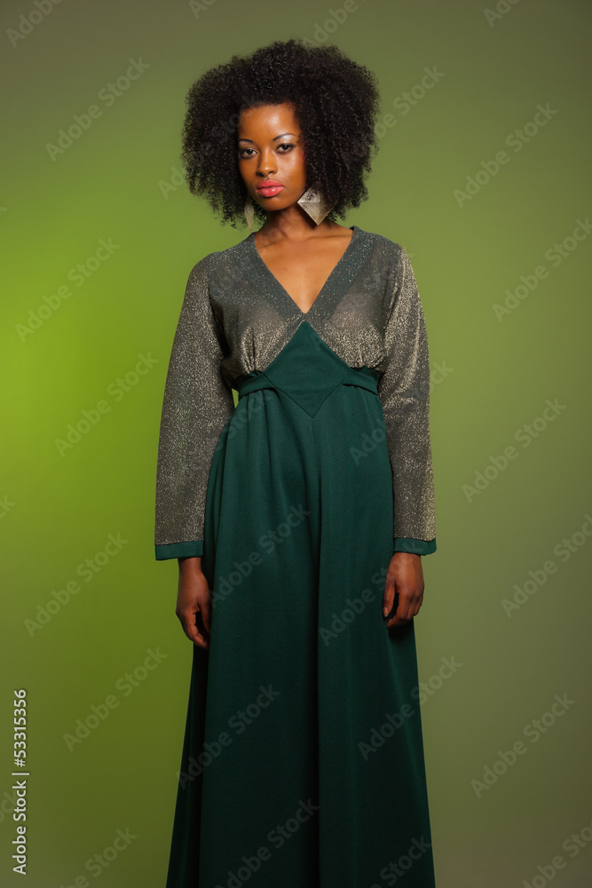 Naklejka premium Sensual retro seventies fashion afro woman with green dress. Gre
