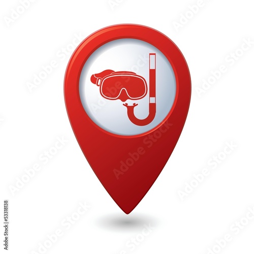 Mask and snorkel icon on map pointer, vector illustration