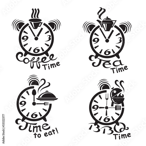 set of banners with a clock and different food and drinks