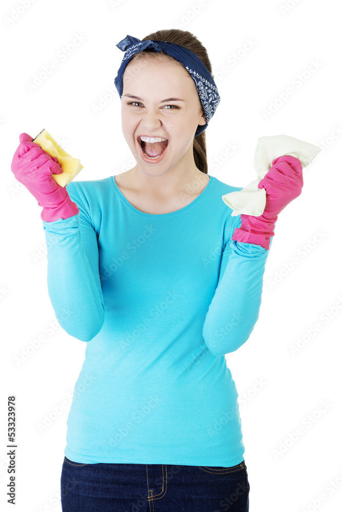 Tired and exhausted cleaning woman screaming Tired and exhausted cleaning woman screaming