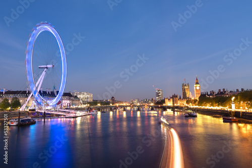 Fototapeta London Eye And Big Ben On The Banks Of Thames River At Twilight