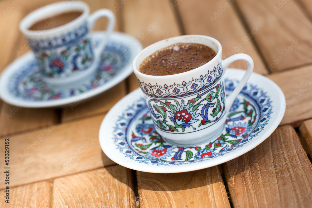 Traditional fresh turkish coffee on wooden table Traditional fresh turkish coffee on wooden table