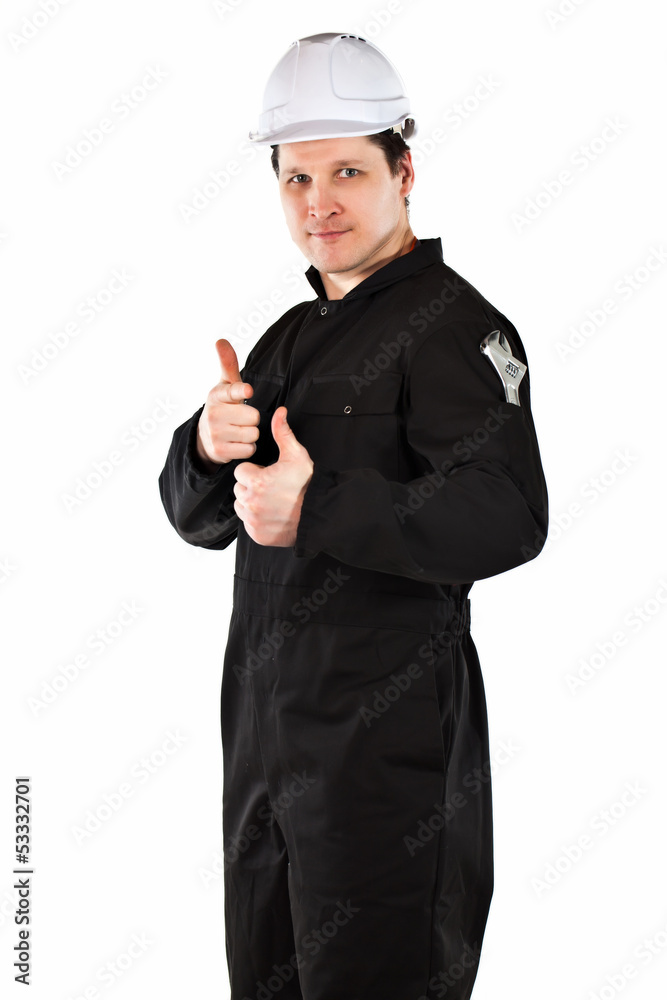 Handyman wearing uniform and hardhat