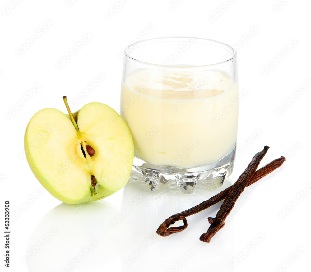 Delicious yogurt in glass with apple isolated on white Delicious yogurt in glass with apple isolated on white