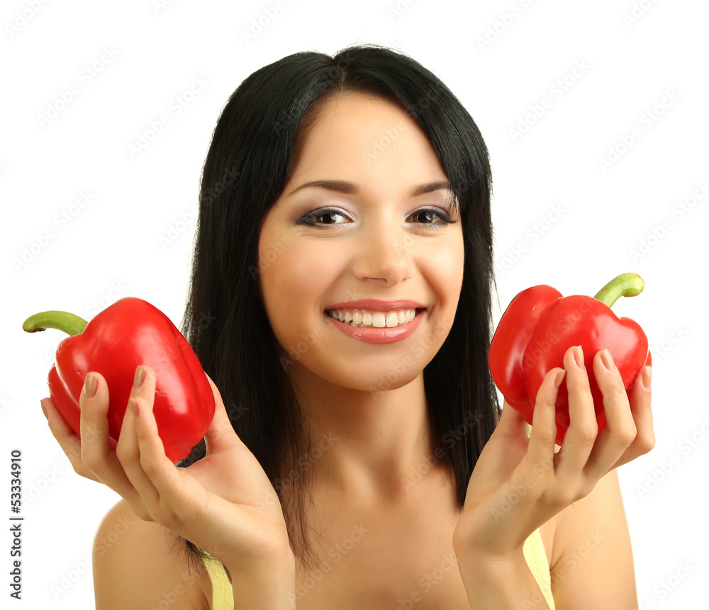 Girl with fresh peppers isolated on white Girl with fresh peppers isolated on white