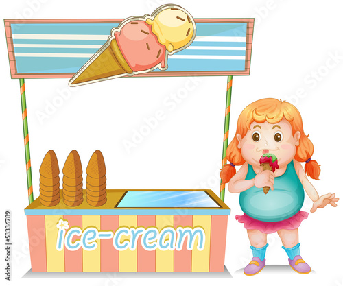 A fat girl eating an ice cream beside the ice cream stand photo