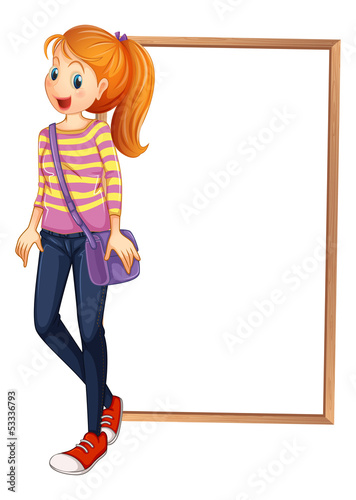 A lady with a bag standing in front of an empty board