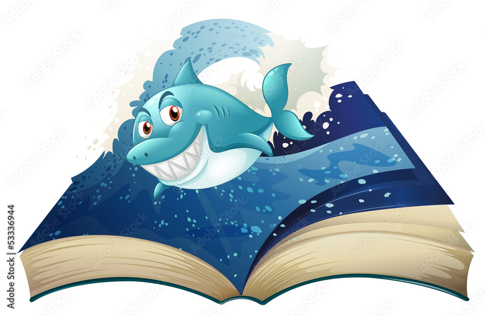 Fototapeta premium A book with a smiling blue shark and waves